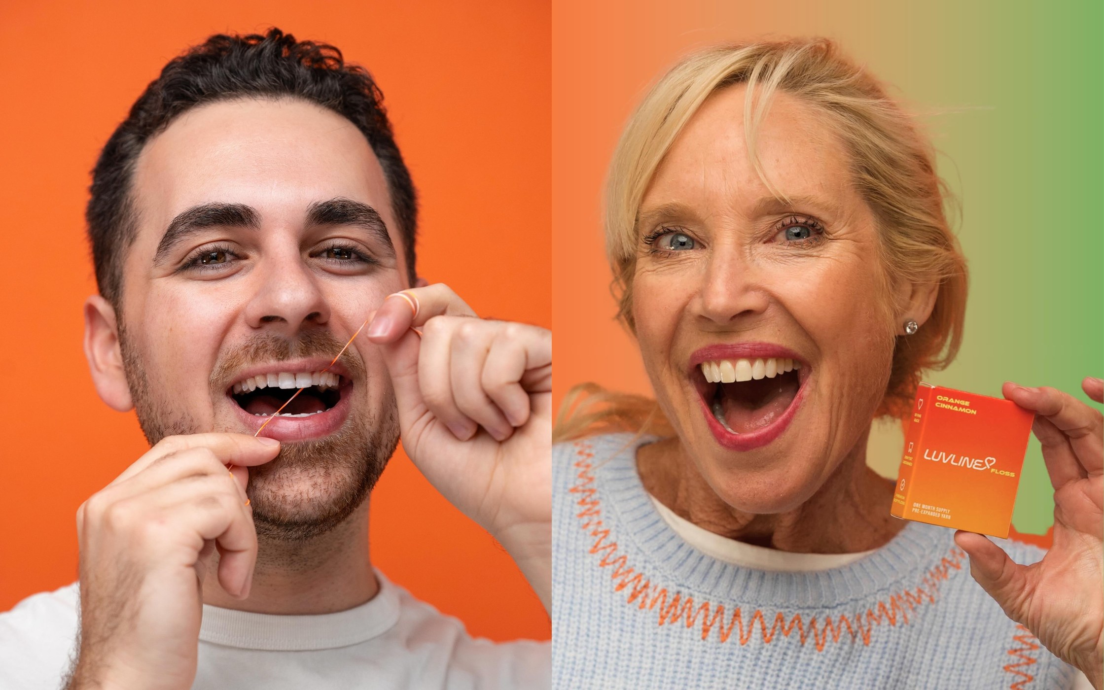 Two LuvLine customers smiling, one flossing, one holding the Orange Cinnamon carton