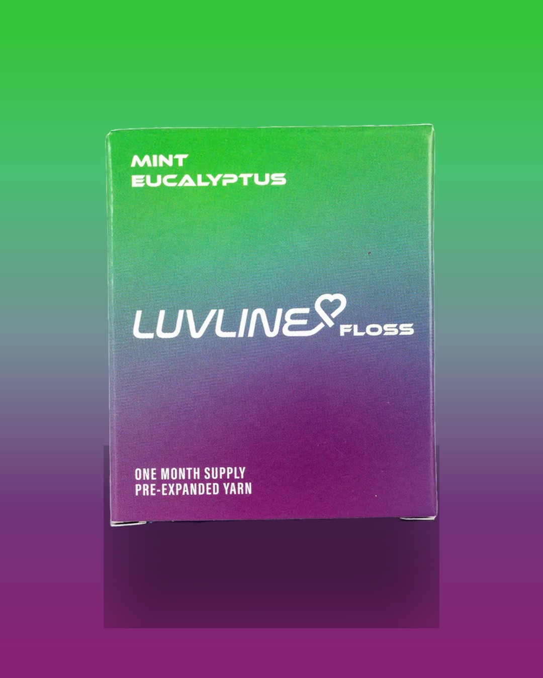 LuvLine Mint Eucalyptus carton on a matching green-to-purple gradient