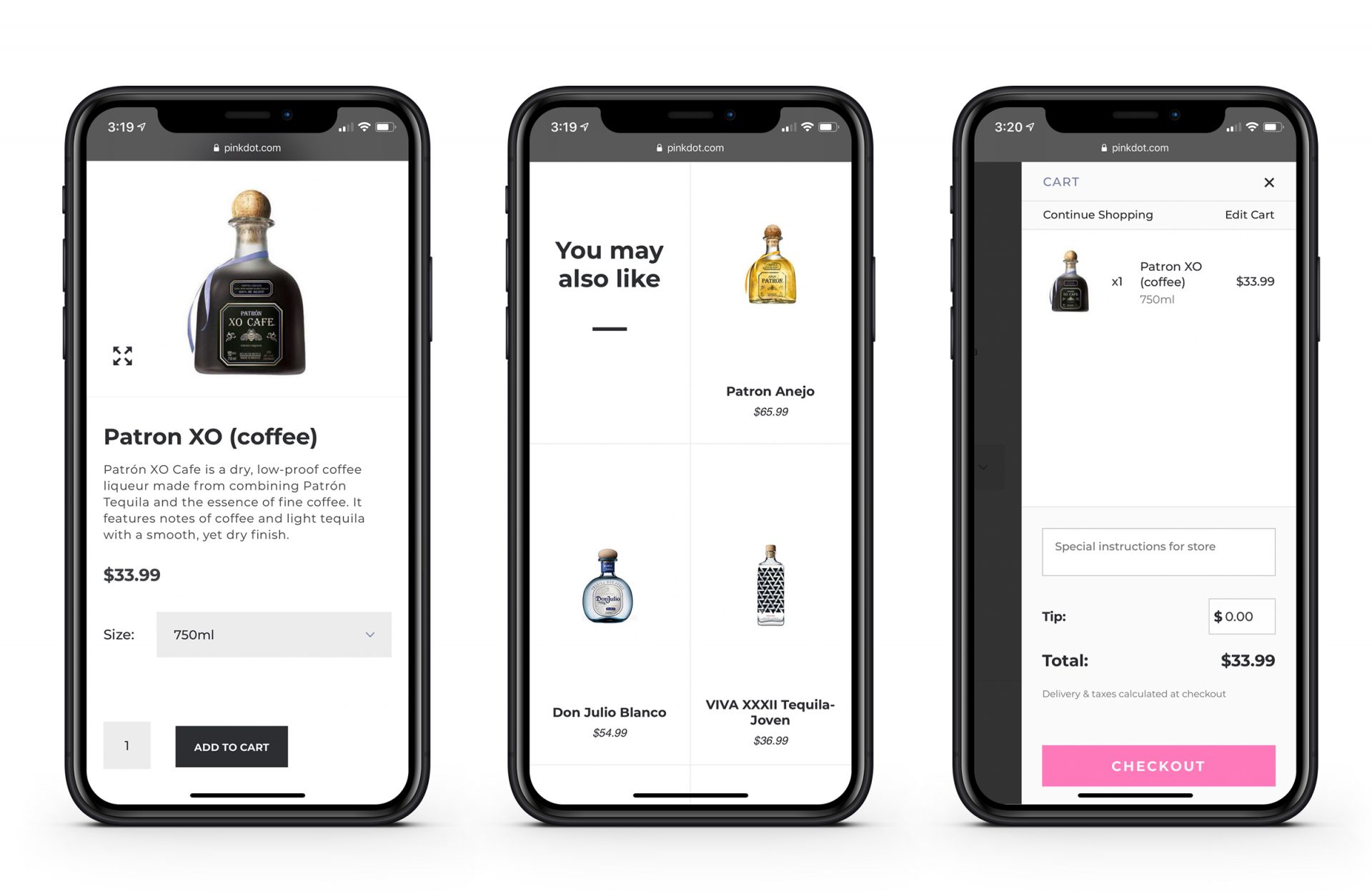 Pink Dot mobile e-commerce — product page, recommendations, and cart