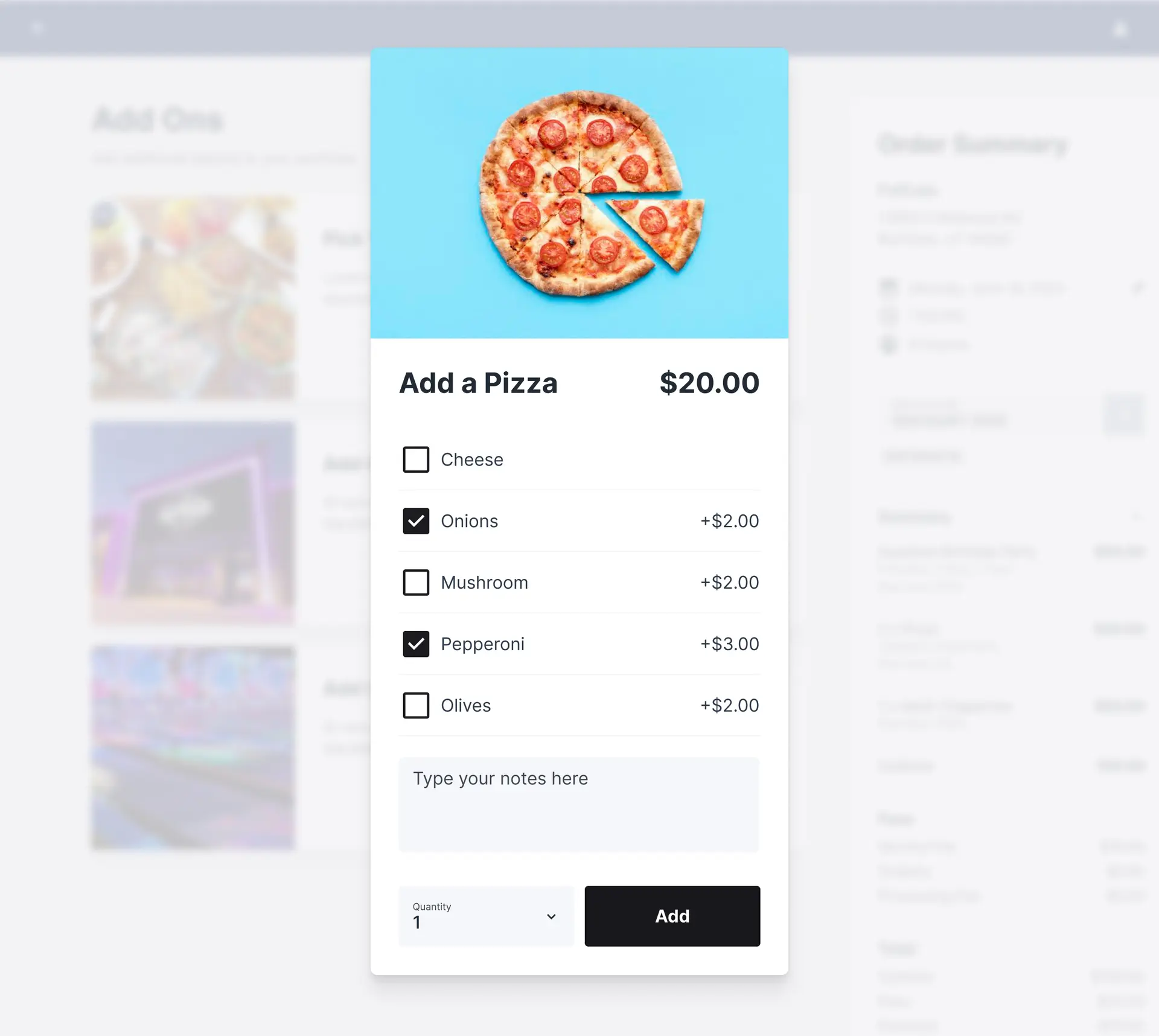 Rex add-ons modal — food, drink, and topping upsells